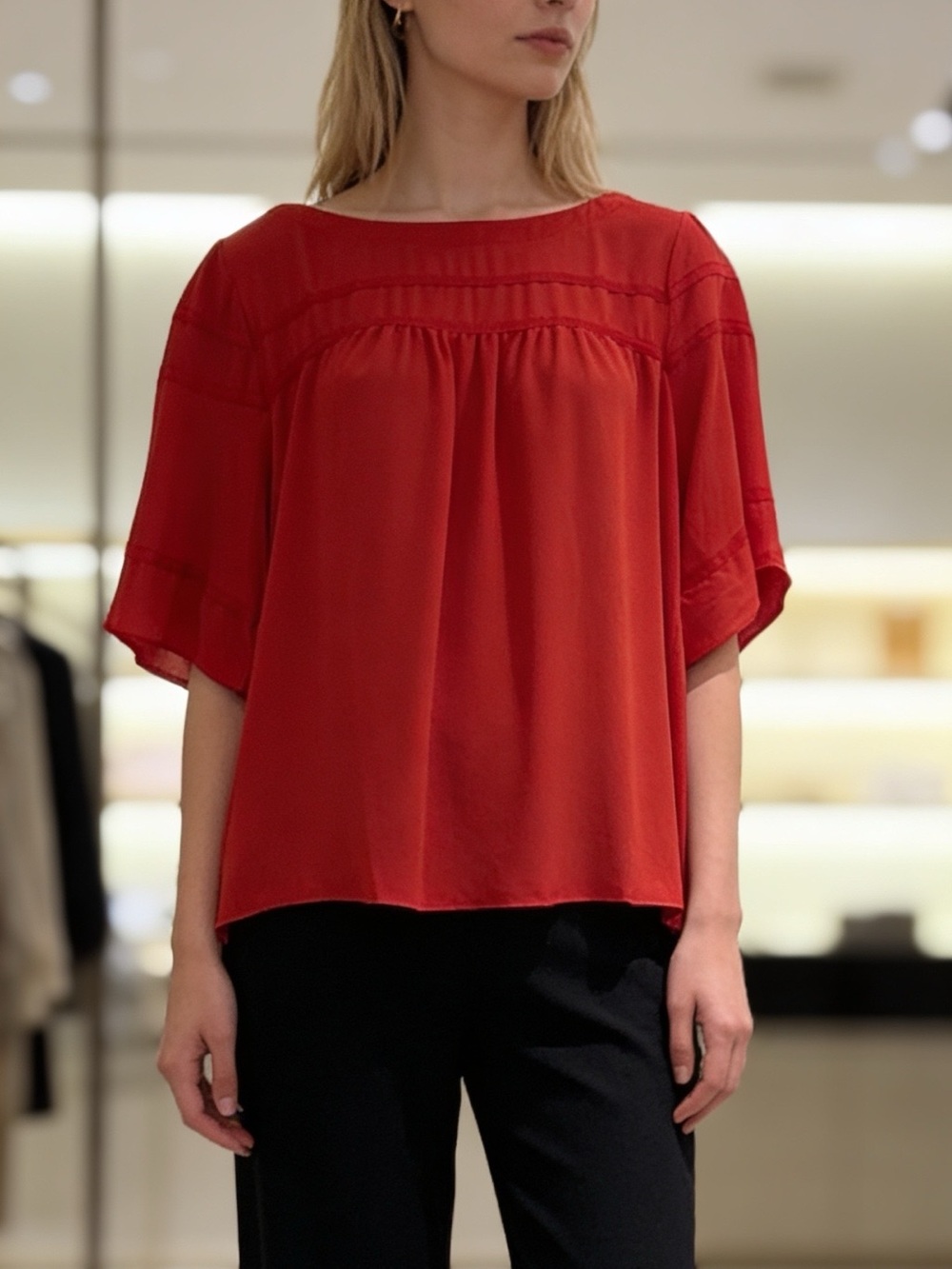 LOFT Red Flutter Sleeve Blouse Women’s Medium Flowy Rayon Top